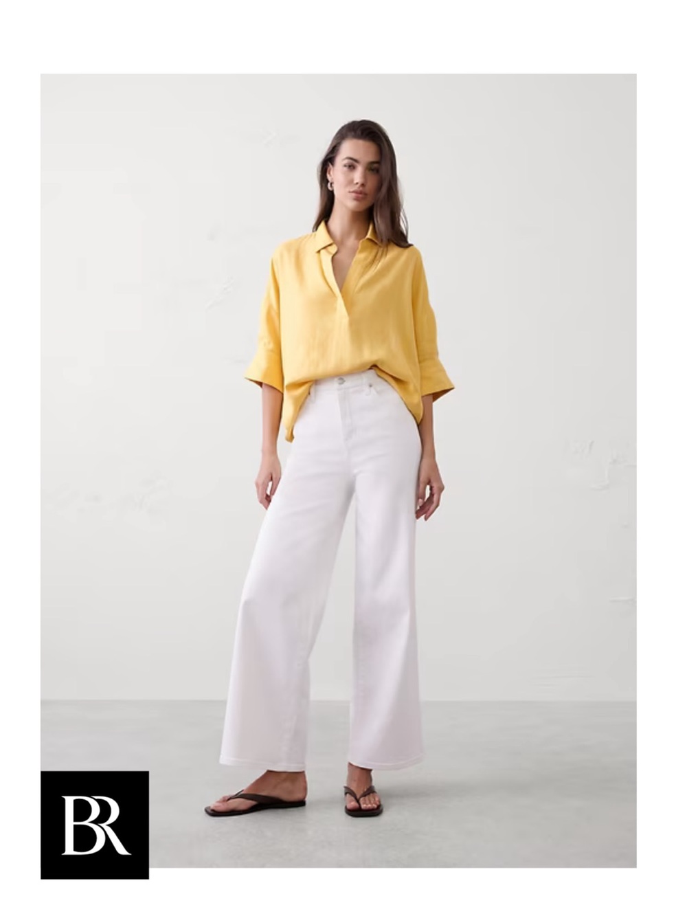 Banana Republic Yellow Short-Sleeve Linen-Blend Button Down